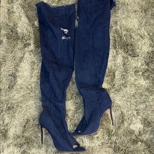 Forever 21 Dark Blue Denim Over-the-Knee Boots